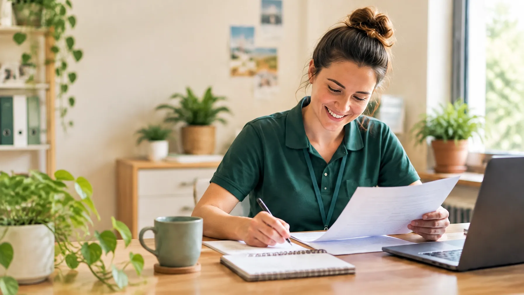 Disability support worker reviewing quality paperwork at her desk