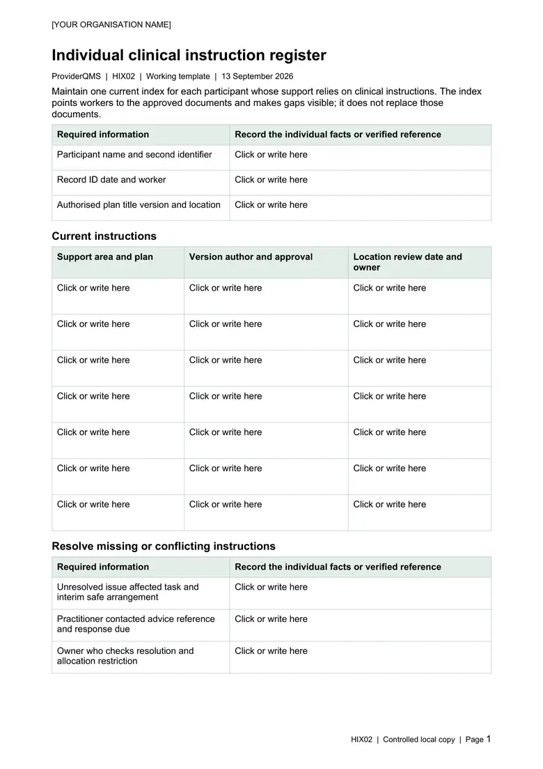 High-intensity clinical instruction register sample