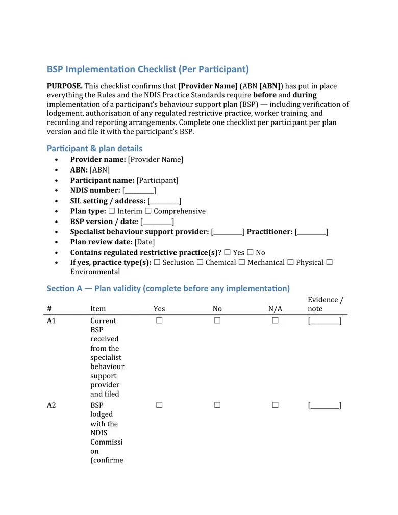 Behaviour support plan implementation checklist sample