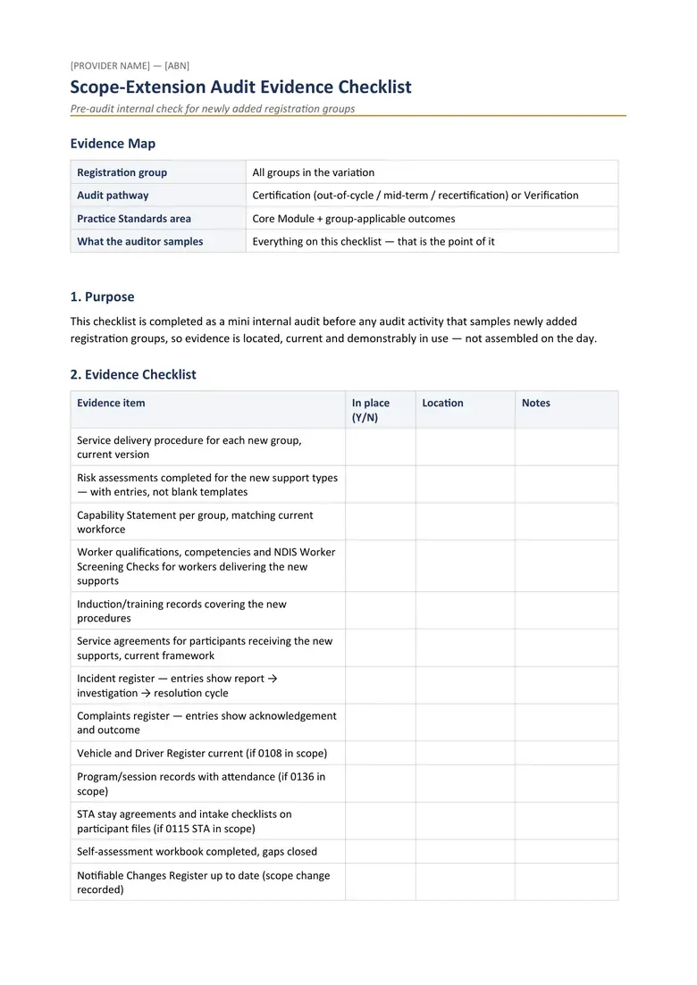 Scope extension audit evidence checklist sample