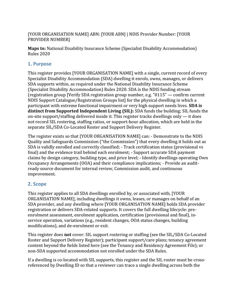 SDA enrolled dwelling register document sample