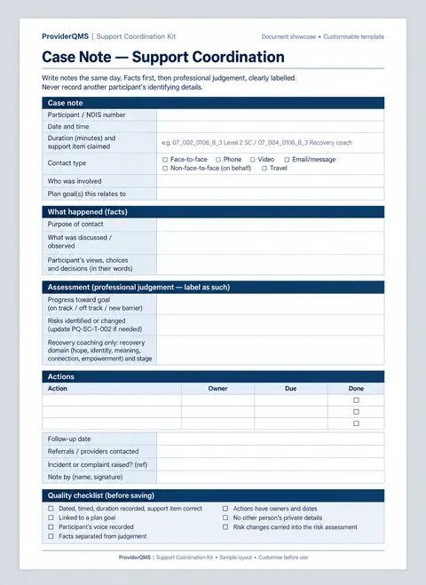 Support coordination case note document sample
